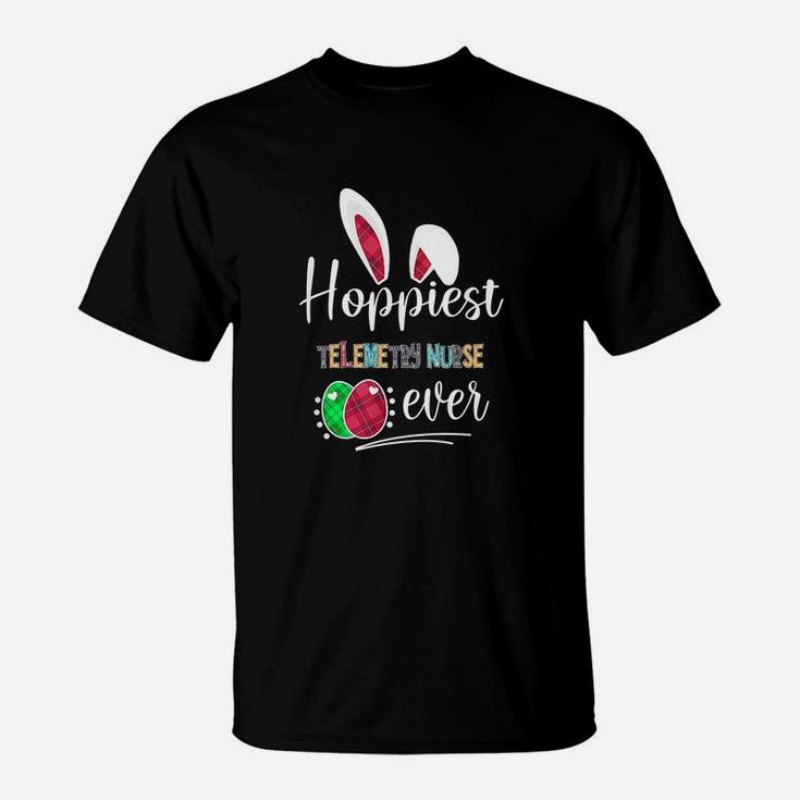 Hoppiest Telemetry Nurse Ever Bunny Ears Buffalo Plaid Easter Nursing Job Title T-Shirt