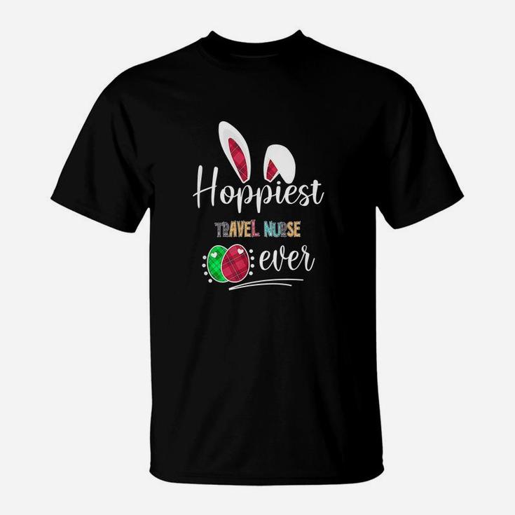 Hoppiest Travel Nurse Ever Bunny Ears Buffalo Plaid Easter Nursing Job Title T-Shirt