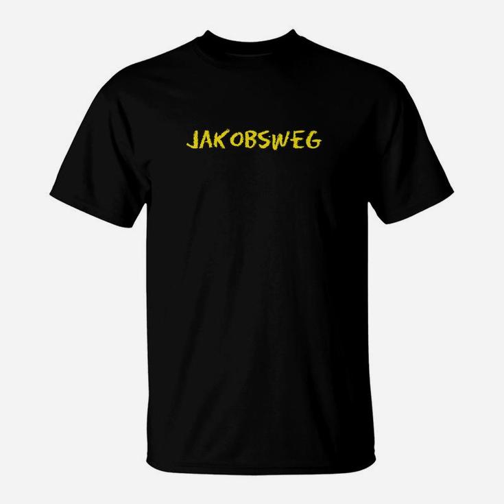 Jakobsweg Schwarzes T-Shirt mit gelber Schrift für Pilger