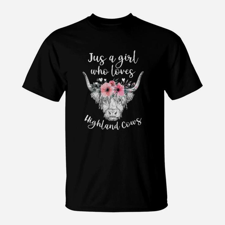 Just A Girl Who Loves Highland Cows Cute Cow With Flower T-Shirt