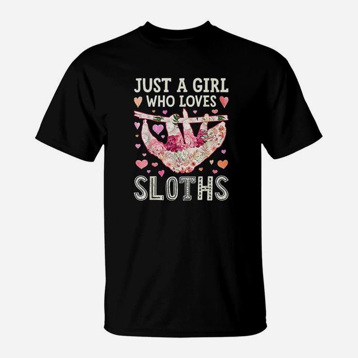 Just A Girl Who Loves Sloths Funny Sloth Silhouette Flower T-Shirt