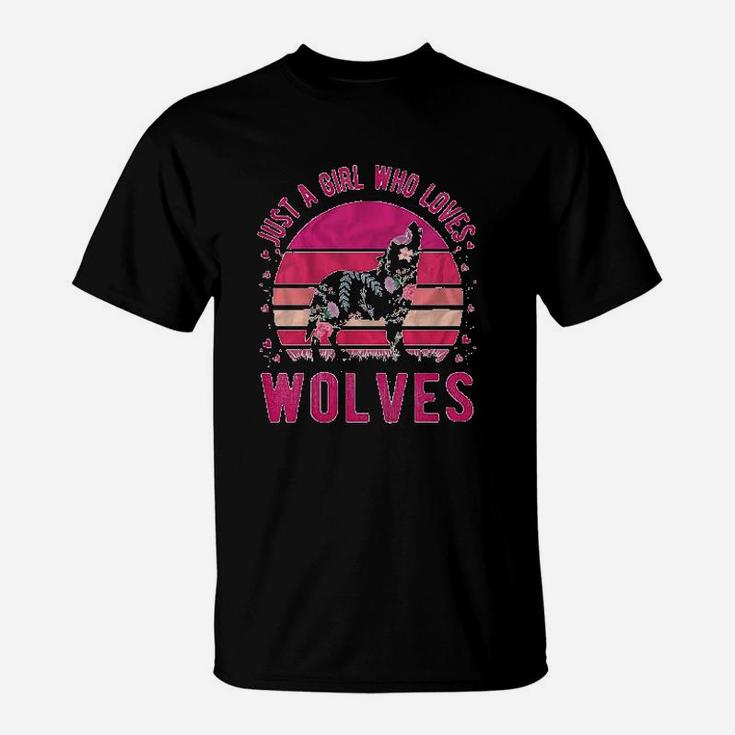 Kids Just A Girl Who Loves Wolves Vintage Retro Gift T-Shirt