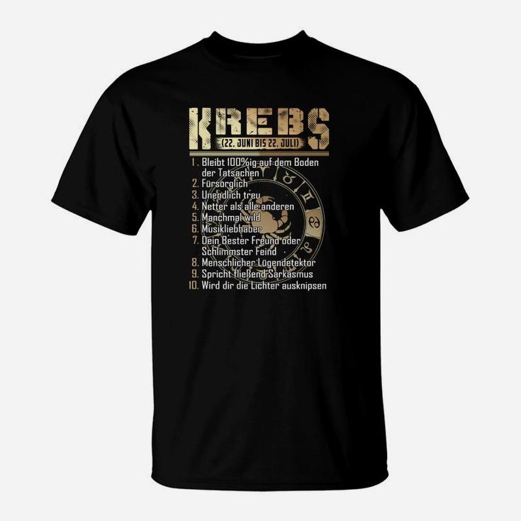 Krebs Sternzeichen T-Shirt mit goldfarbenen Eigenschaften, Geburtstag