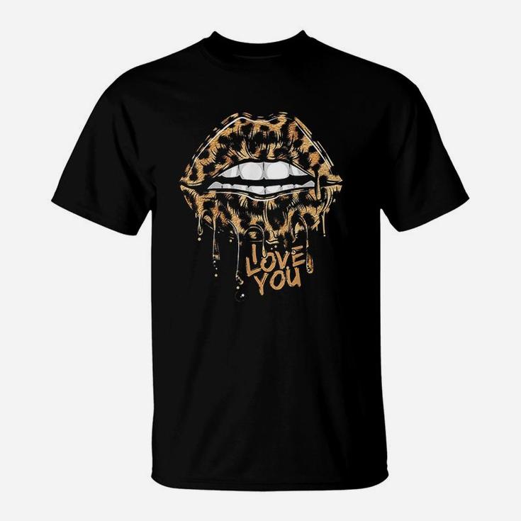 Leopard Print Lips Kiss Me I Love You Valentin Lipstick T-Shirt