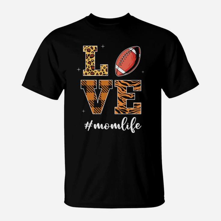 Love Mom Life Football Mom Leopard Plaid Gift For Mother T-Shirt