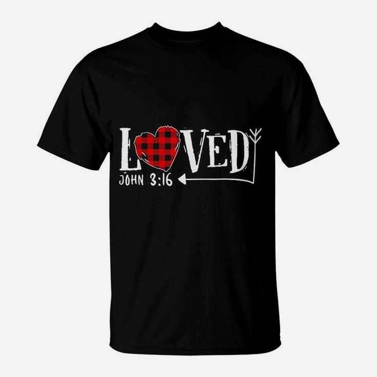 Loved John 3 16 Red Plaid Heart Christian Valentine's Day T-Shirt