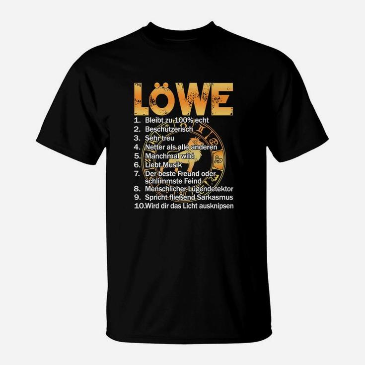 Löwe Sternzeichen T-Shirt, Schwarz mit Goldtext, Eigenschaften Design