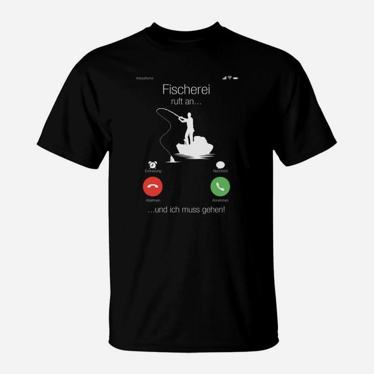 Lustiges Angler T-Shirt Fischerei Ruft An...Ich Muss Gehen! mit Angelruten-Design