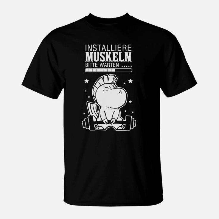 Lustiges Fitness-T-Shirt Installiere Muskeln, Cartoon-Design für Herren, Schwarz