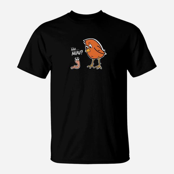 Lustiges Vogel & Wurm T-Shirt Können Vögel Miauen?, Schwarzes Tee