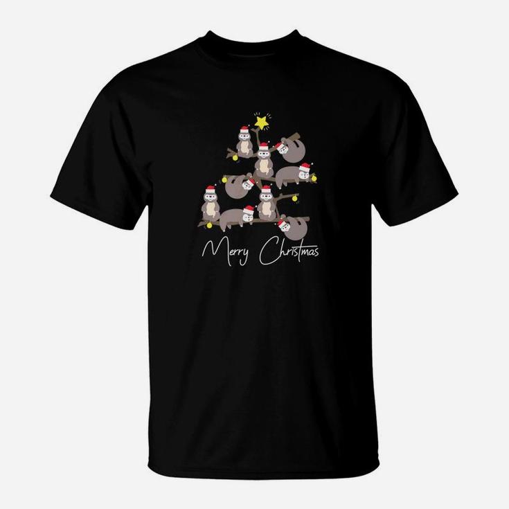 Merry Christmas Sloth Christmas Tree Santa Hat T-Shirt