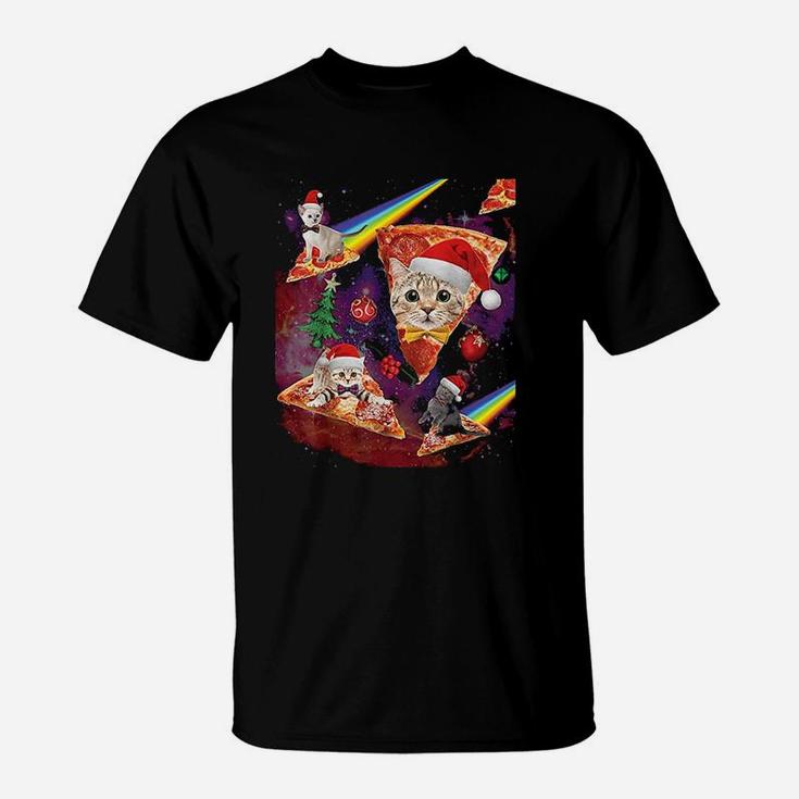 Outer Space Christmas Cats Riding On Pizza T-Shirt
