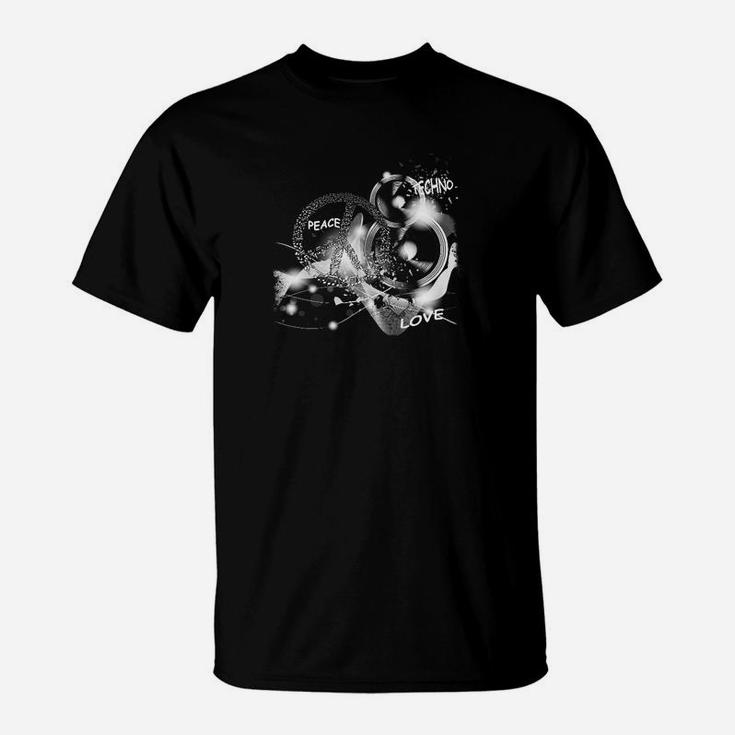 Peace-Tech-No-Love Schwarzes T-Shirt, Unisex Designermode