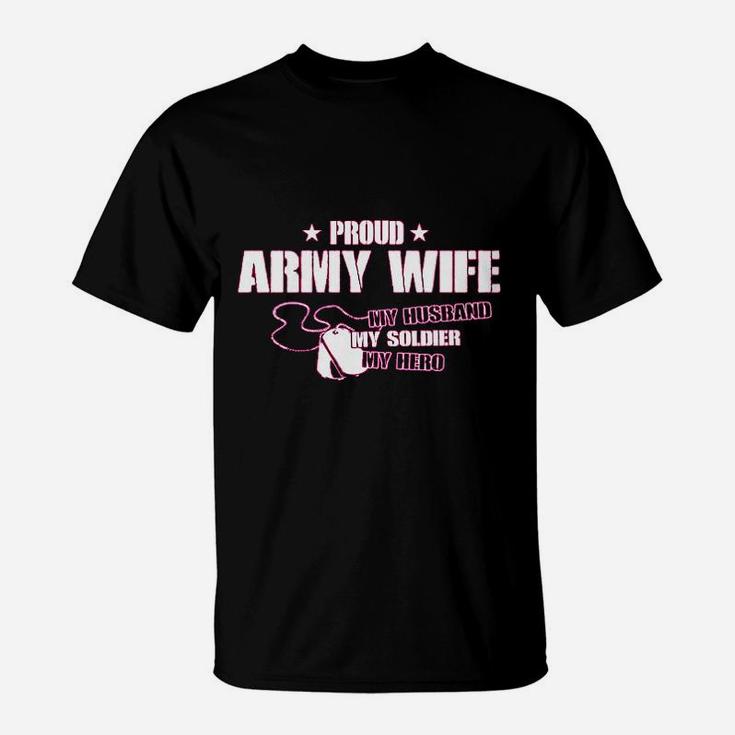 Proud Army Wife My Husband Soldier Hero Missy Fit Ladies T-Shirt