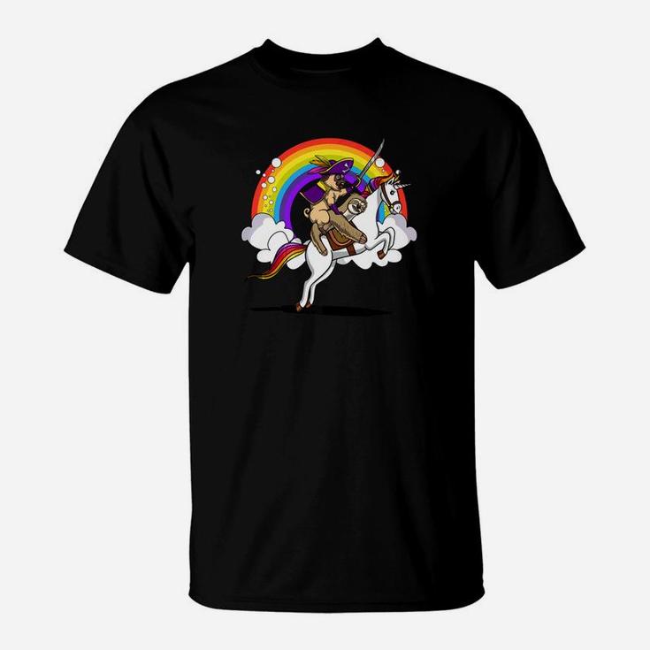 Pug Dog And Sloth Riding Unicorn Magical Rainbow T-Shirt
