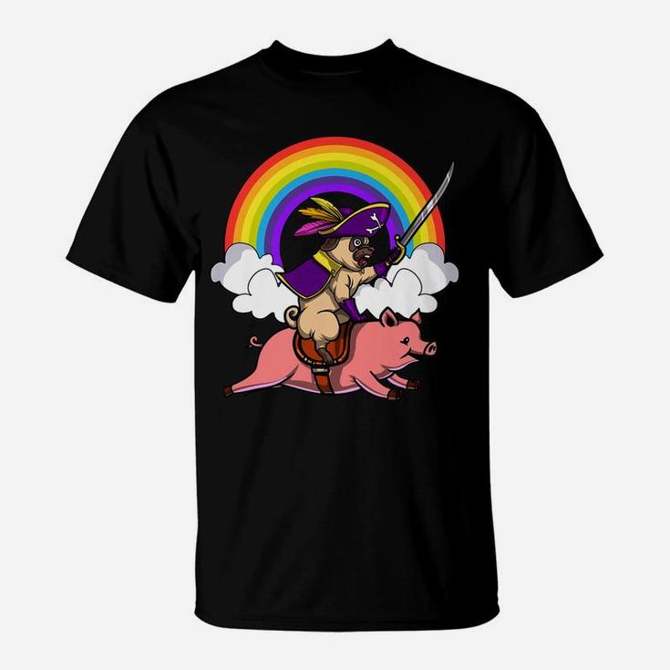 Pug Dog Pirate Riding A Pig Funny Farm Pets T-Shirt