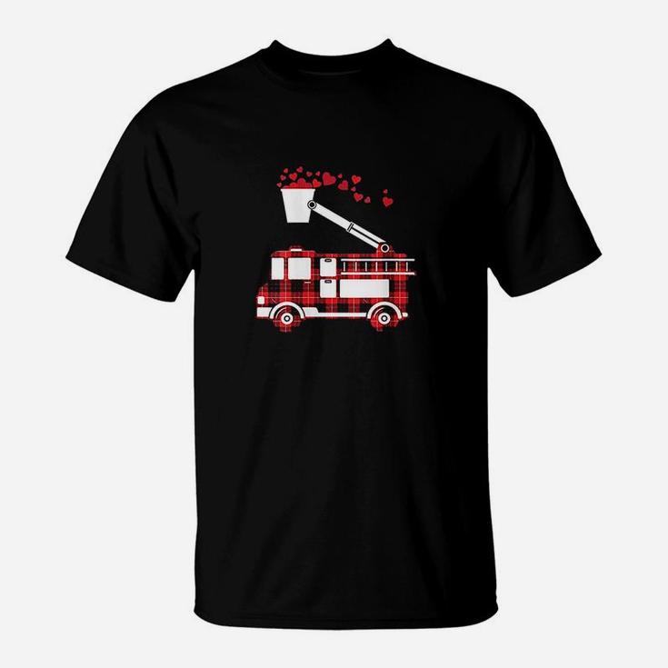 Red Plaid Fire Truck Funny Fireman Valentines Day Gift T-Shirt
