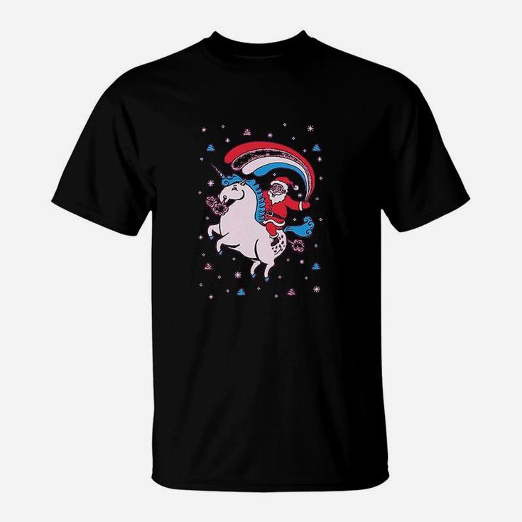 Santa Riding Unicorn Rainbow Ugly Christmas T-Shirt