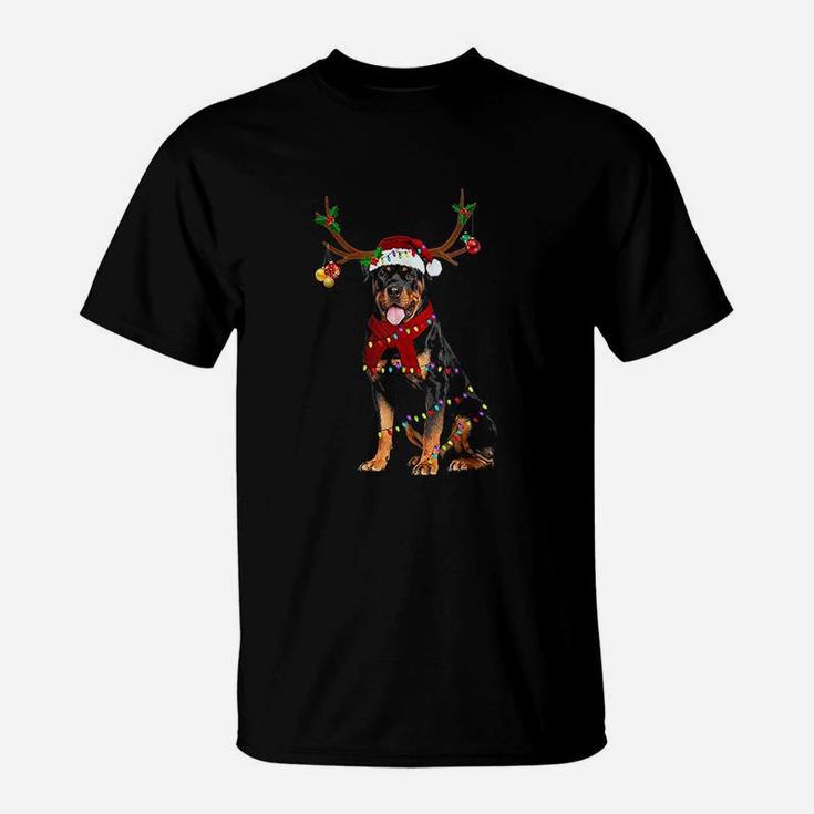 Santa Rottweiler Reindeer Light Christmas Gifts T-Shirt