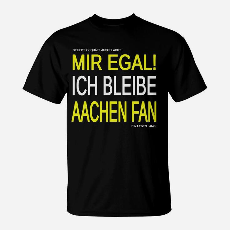 Schwarzes Aachen Fan T-Shirt mit Mir egal! Ich bleibe Fan Aufdruck in Gelb