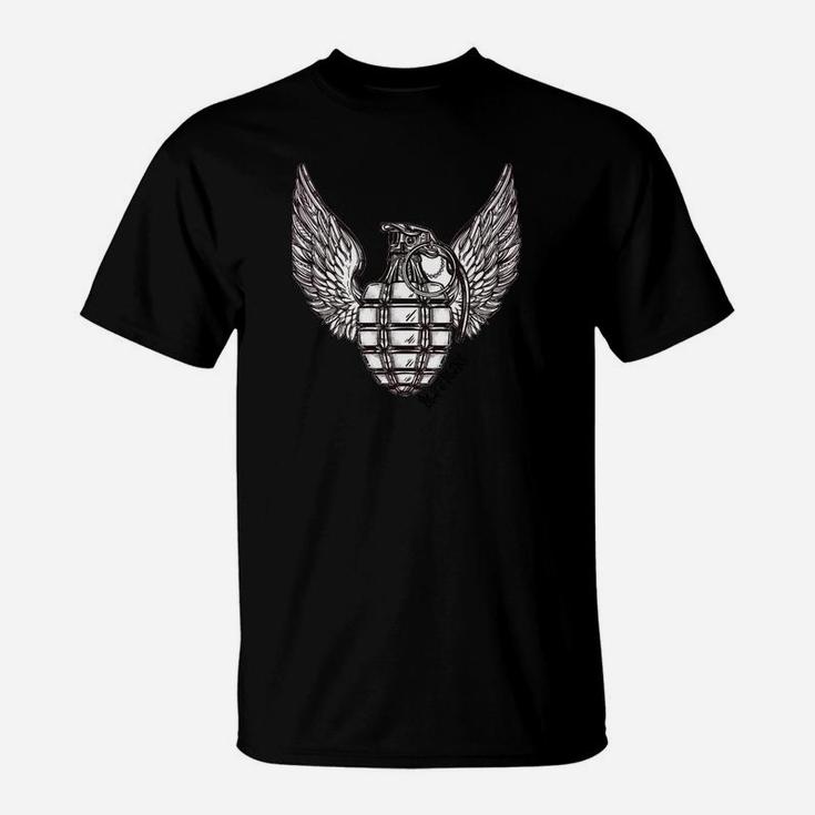 Schwarzes Herren T-Shirt mit Adler und Granaten Design, Militärstil Mode