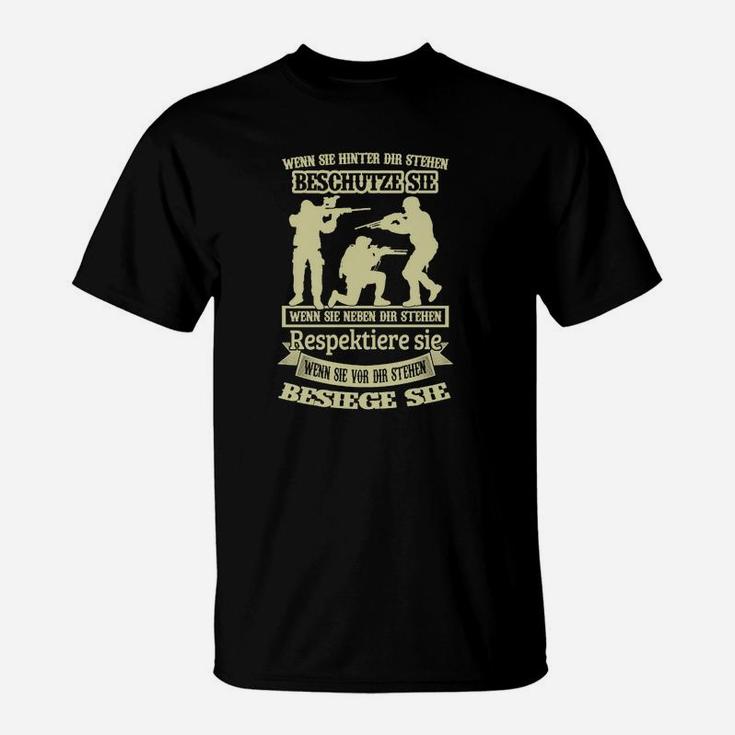 Schwarzes Hundemotiv T-Shirt: Beschütze, Respektiere, Besiege sie