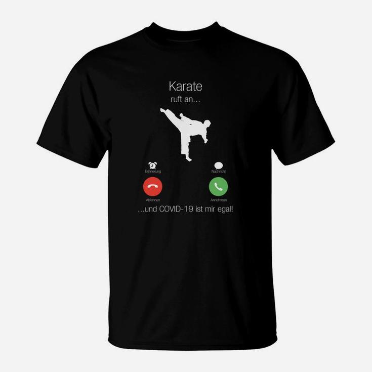 Schwarzes Karate Humor T-Shirt, Lustiges 'Karate ruft an' Design