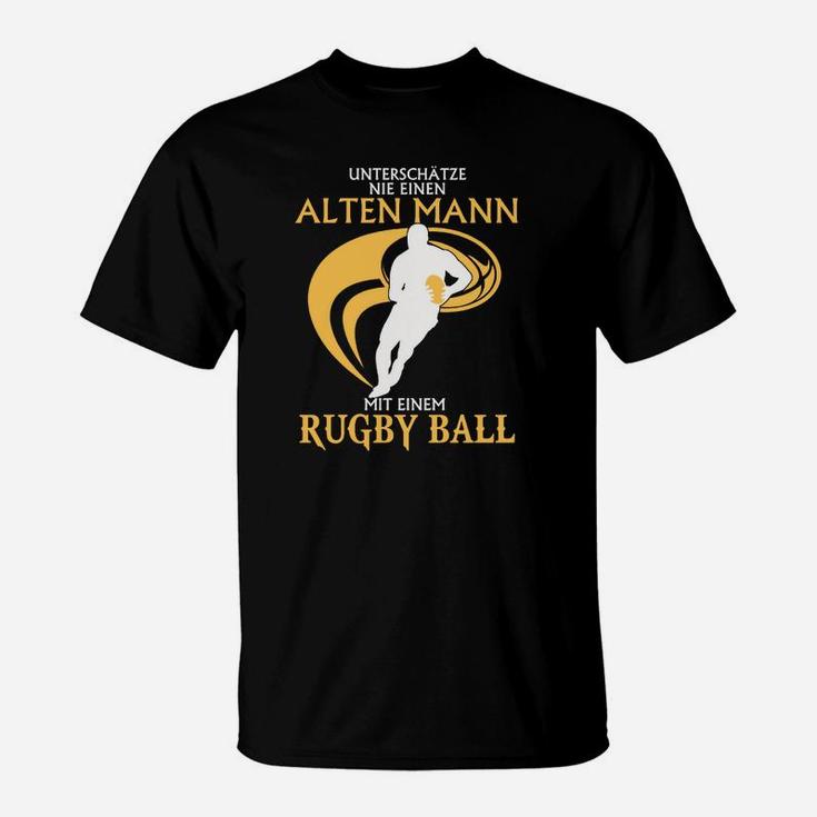 Schwarzes T-Shirt, Alter Mann mit Rugbyball, Lustiges Rugby-Motiv