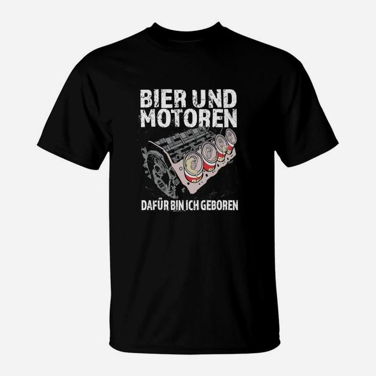Schwarzes T-Shirt Bier und Motoren, Lustiges Herrenshirt