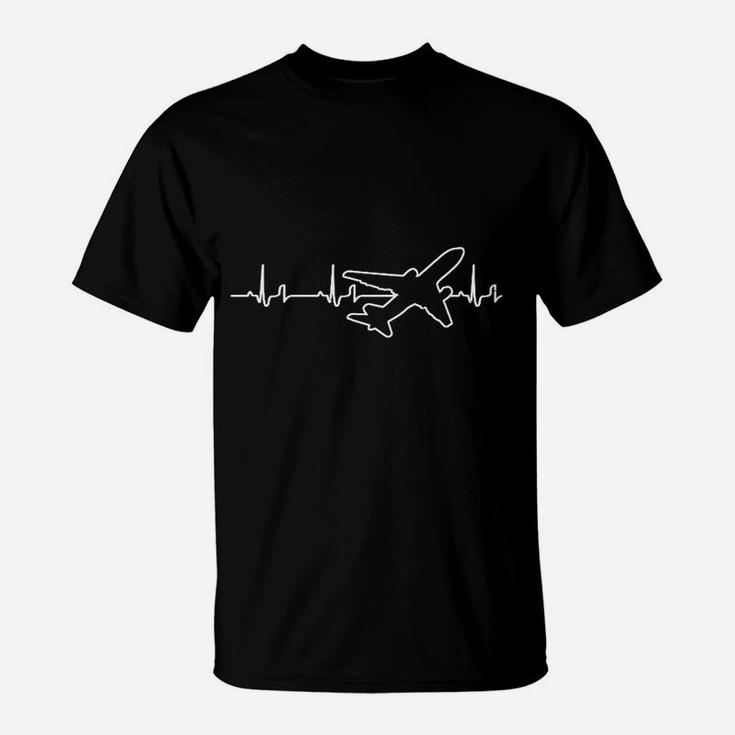 Schwarzes T-Shirt Flugzeug-Herzschlag-Design, Piloten-Mode