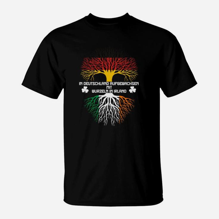 Schwarzes T-Shirt mit Deutschland-Irland Wurzel-Motiv, Heimatliebe Spruch