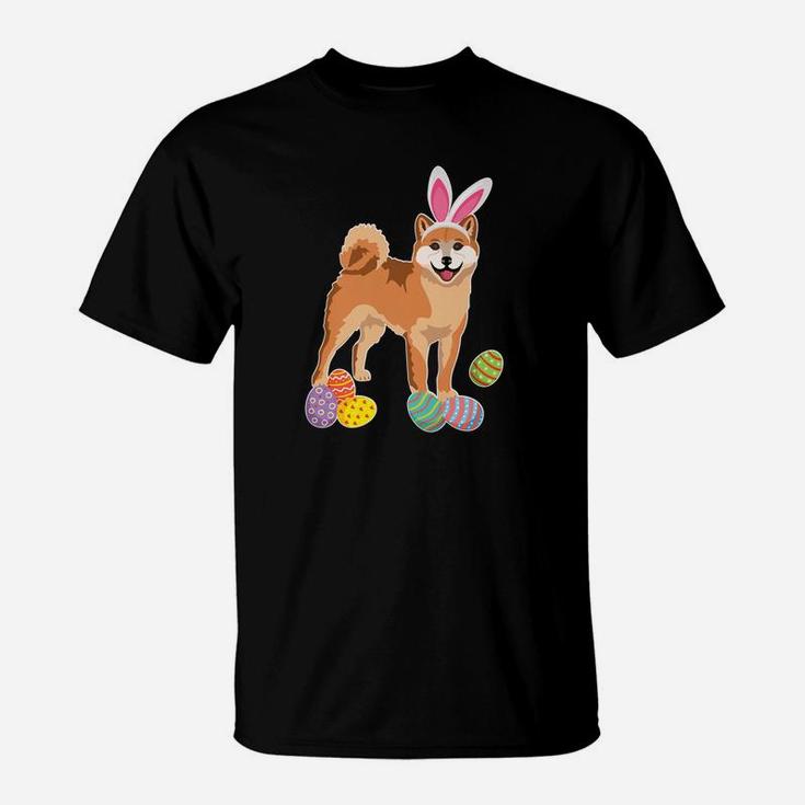 Shinba Dog Bunny Rabbit Hat Playing Easter Eggs Happy T-Shirt