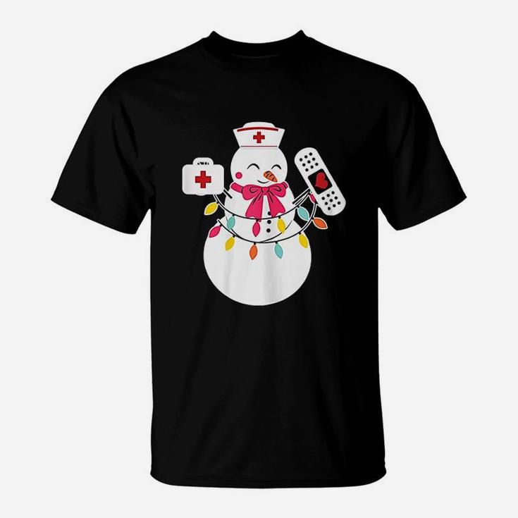 Snowman Nurse Christmas With Nurses Hat Funny Outfit T-Shirt