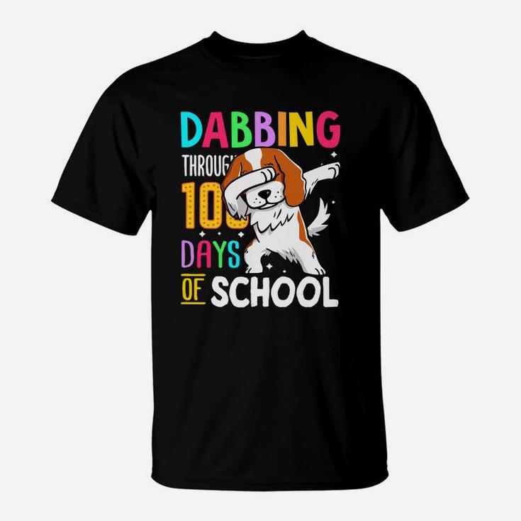 Spaniel Dabbing Through 100 Days Of School Colorful Dog Lovers Funny Student T-Shirt
