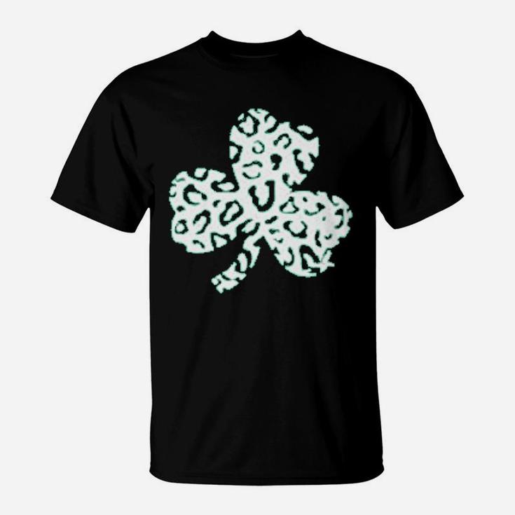 St Patricks Day Leopard Print Shamrock Four Leaf Clover T-Shirt