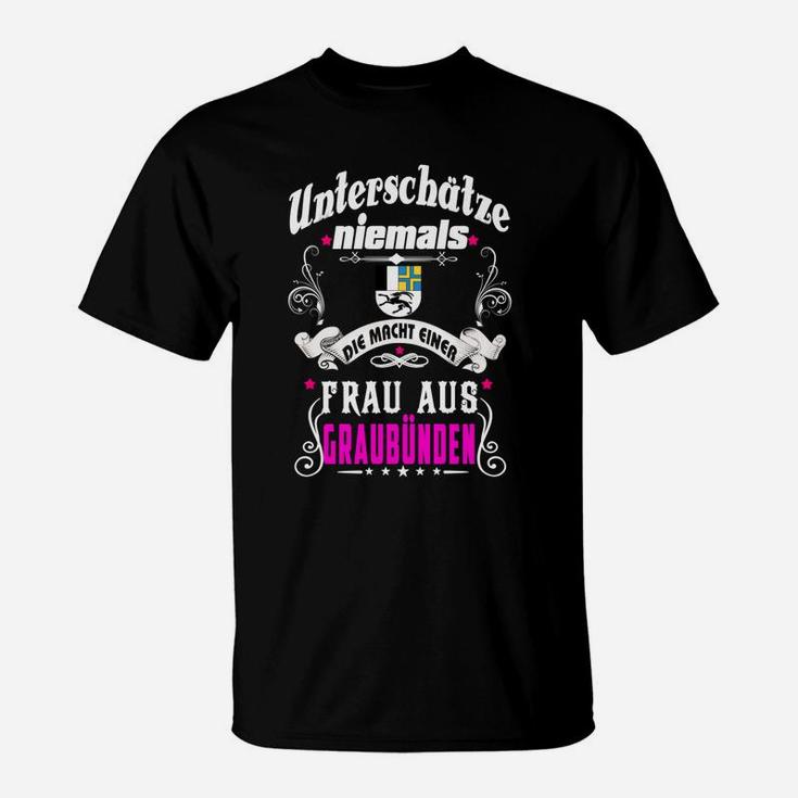 Stolzes Graubünden Frauen T-Shirt, Schwarzes Tee mit Kraft-Motto