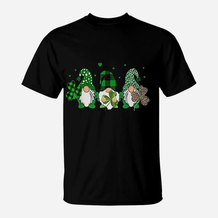 Three Gnomes Holding Shamrock Leopard Plaid St Patricks Day T-Shirt