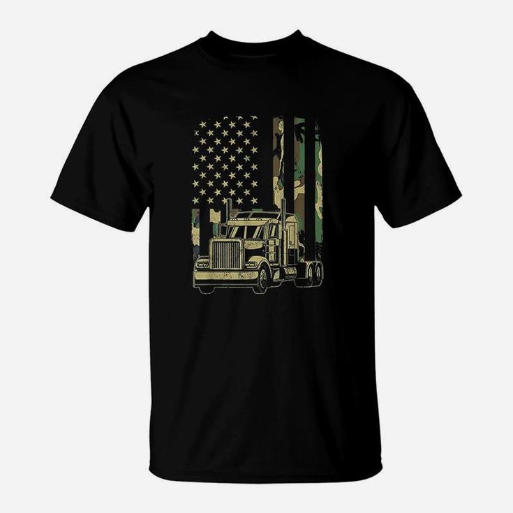 Vintage Trucker Camouflage American Flag Truck Driver T-Shirt