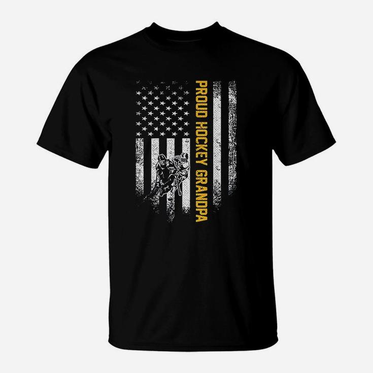 Vintage Usa American Flag Proud Hockey Grandpa Silhouette T-Shirt