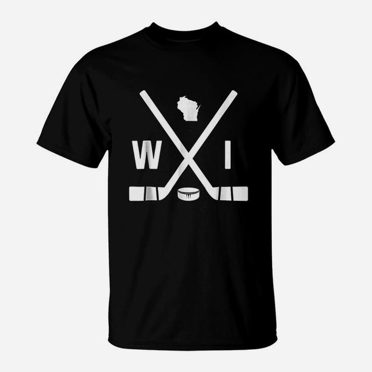 Vintage Wisconsin Hockey Sticks And Puck State Outline T-Shirt