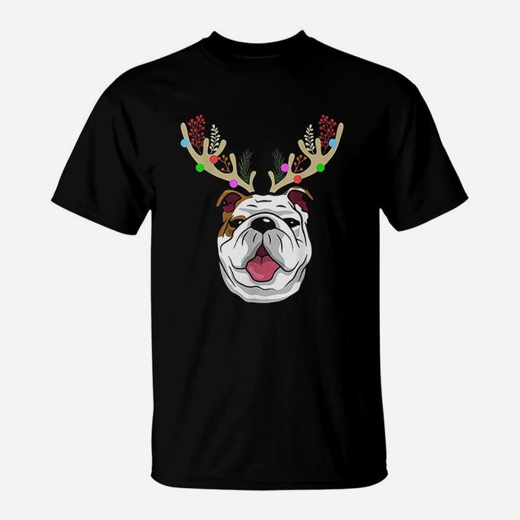 Xmas Funny Bulldogs With Antlers Christmas T-Shirt