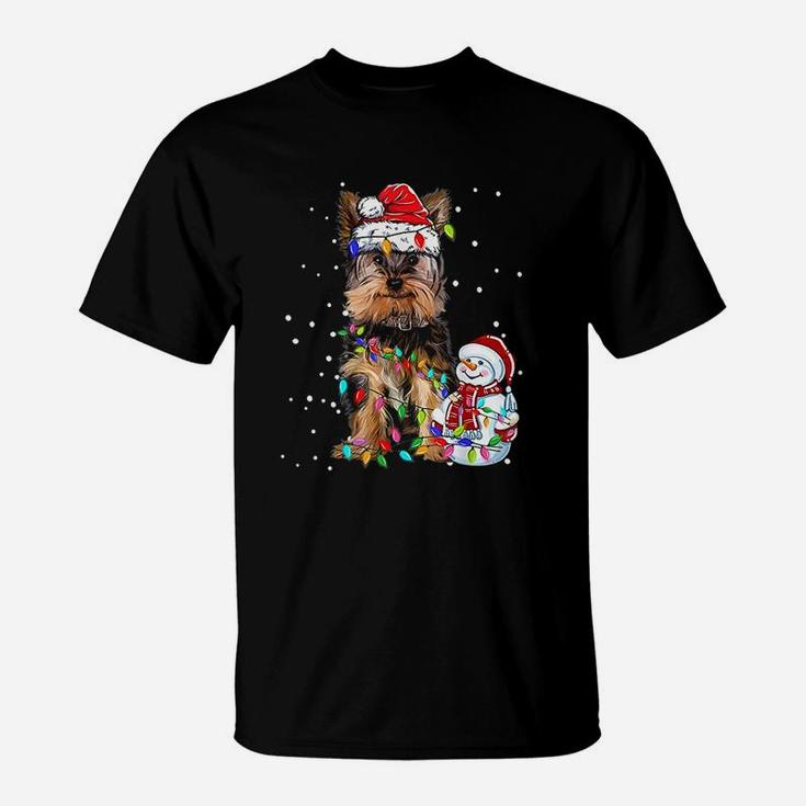 Yorkshire Terrier Christmas Santa Hat Xmas Lights Yorkie Dog T-Shirt