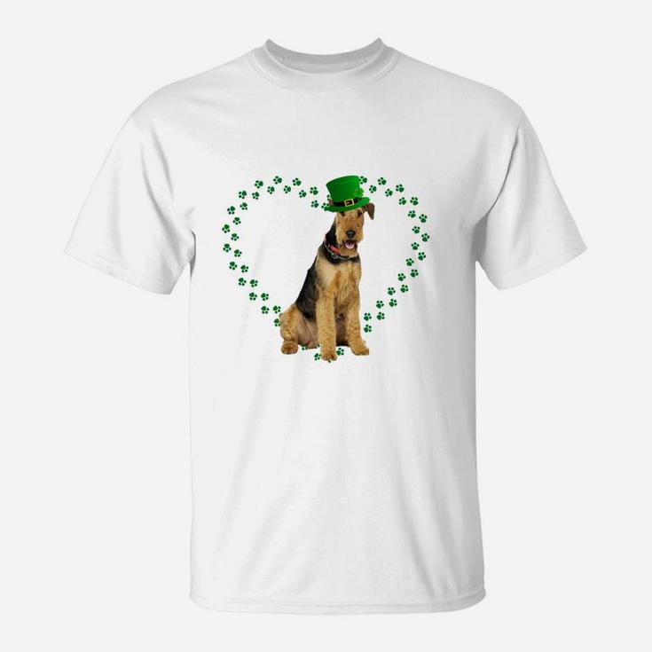 Airedale Terrier Heart Paw Leprechaun Hat Irish St Patricks Day Gift For Dog Lovers T-Shirt