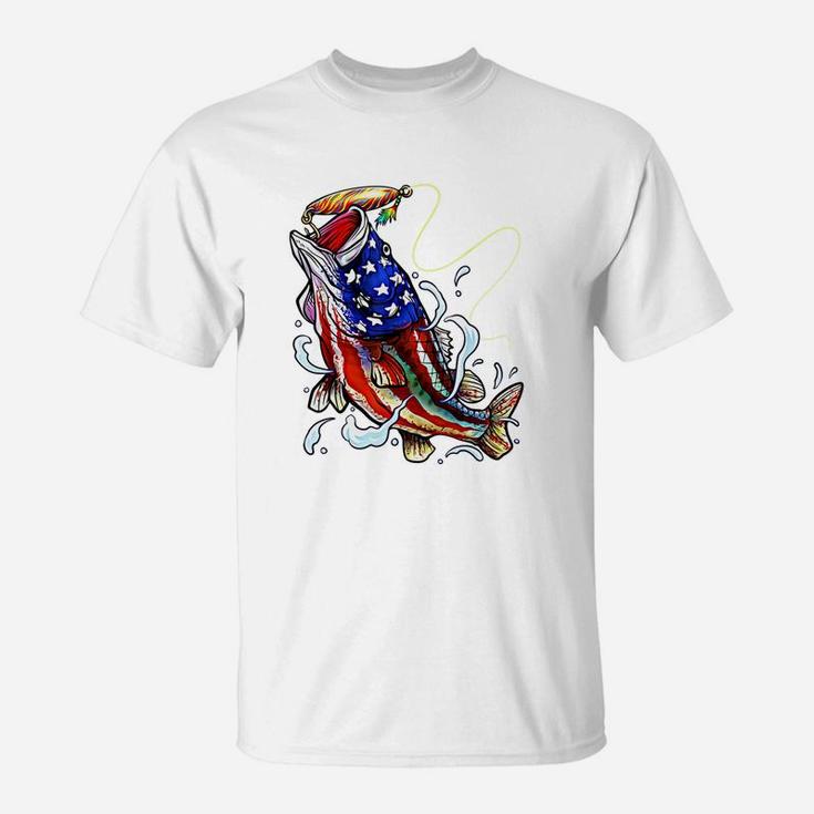 Bass Fishing 4th Of July Dad Father s Day American Flag T-Shirt