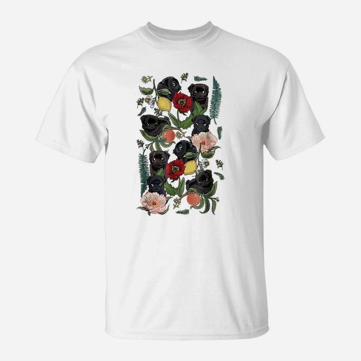 Botanical And Black Pugs T-Shirt