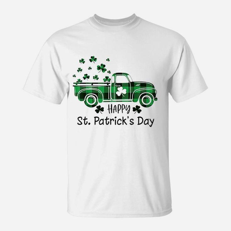 Buffalo Plaid Shamrock Vintage Truck Happy St Patricks Day T-Shirt