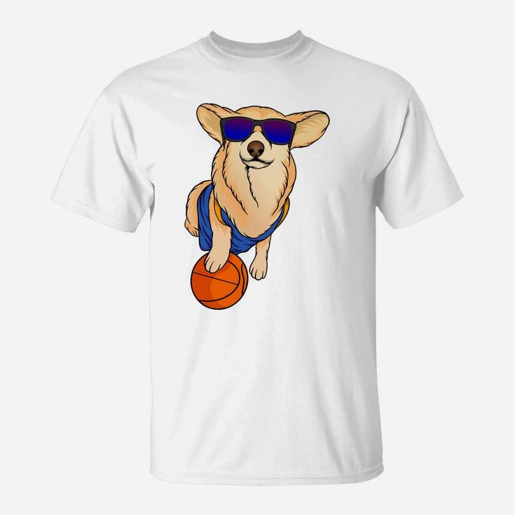 Cartoon Cute Corgi Dog Wearing Sunglasses With Basketball T-Shirt
