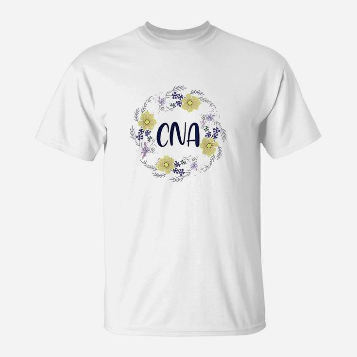 Cna Round Floral Frame Certified Nursing Assistant T-Shirt
