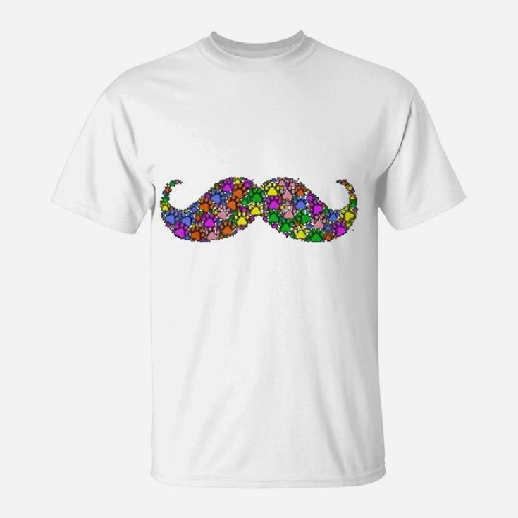 Colorful Cat And Dog Paws Print Beard Mustache T-Shirt
