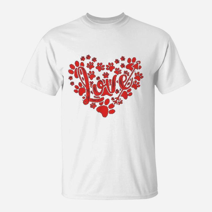 Cute Heart Paws Print Valentine Present For Dog Cat Lovers T-Shirt